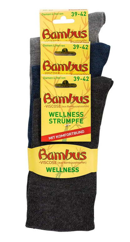 3-15 Paar Bambus Viskose Socken melange im 3er Farbmix, Wellness-Strümpfe mit Komfortbund, Größe 39-42, in grau und dunkelblau, Produktverpackung mit gelbem Bambus-Design