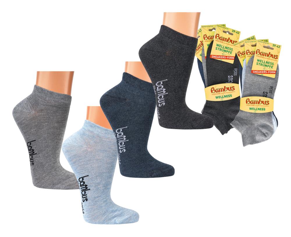 Bambus Viskose Sneakersocken im Melange-Look, 3-15 Paarset in verschiedenen Grautönen, mit verstärkter Ferse und Spitze, Produktverpackung und einzelne Socken in grau, blau und dunkelgrau.