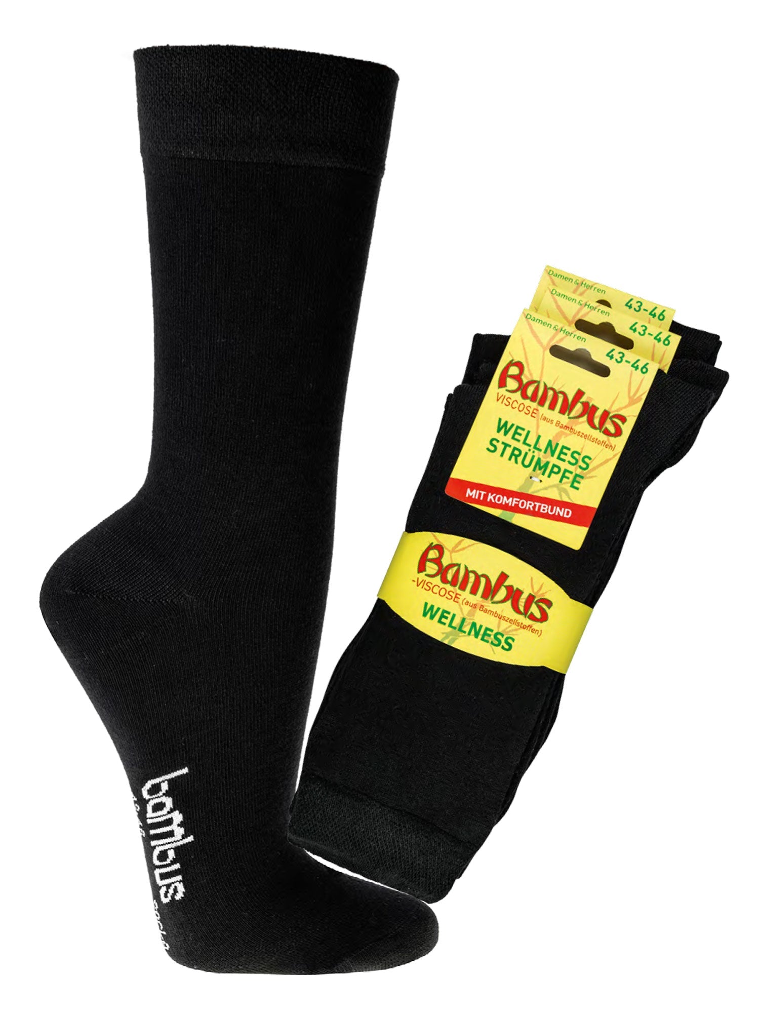 Schwarze Bambus Viskose Socken verstärkt mit gelber Produktverpackung, zeigt einzelne Socke und Multipacks der 3-15 Paar Bambus Viskose Socken für längere Haltbarkeit Damen Herren