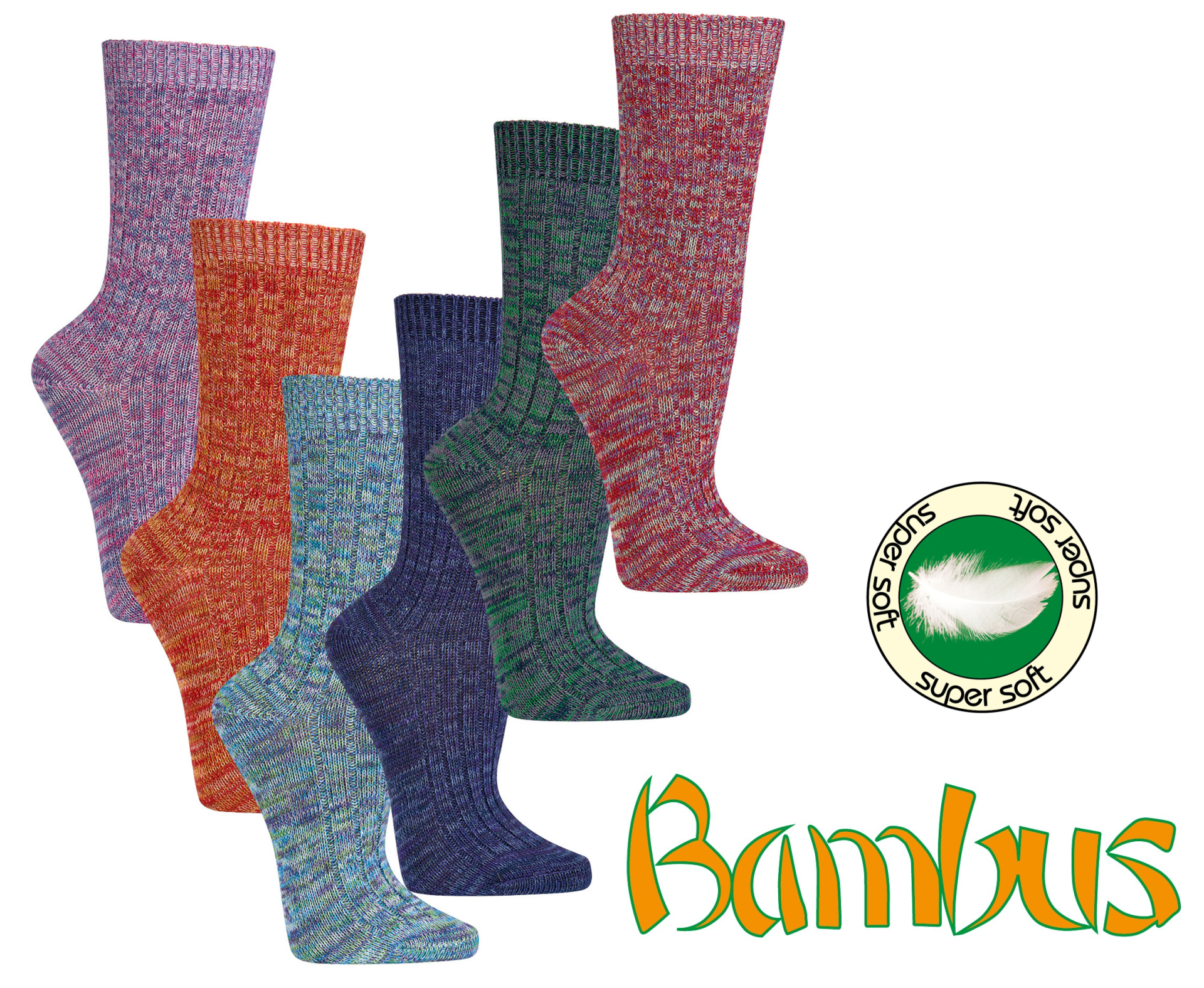 Das Bild zeigt Bambus Socken mit multicolor Garn in 5 verschiedenen Farben. Im Bild ist der Schriftzug Bambus sowie ein Logo supersoft mit einer Feder zu sehen.