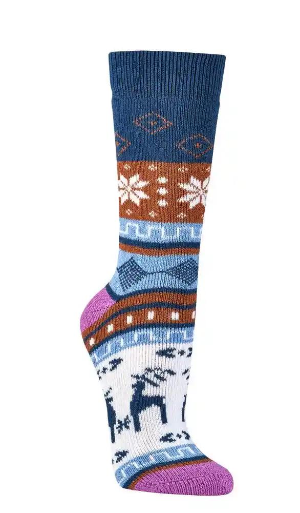 2 | 4 Paar Norweger Socken im Winter Hygge Design mit traditionellem Rentiermuster, Schneeflocken und geometrischen Elementen in Blau, Braun, Weiß und Lila, aus 90% Baumwolle mit Vollfrottee-Ausstattung