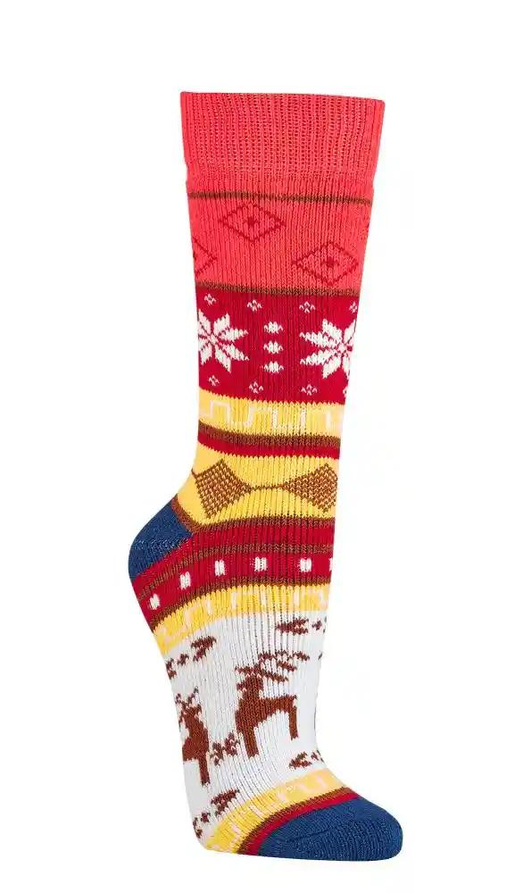 2/4 Paar Norweger Socken mit winterlichem Hygge Muster, rot-gelb-weiss gestreift mit Rentier- und Schneeflocken-Motiven, warme Baumwollsocken mit Frottee-Ausstattung im skandinavischen Design