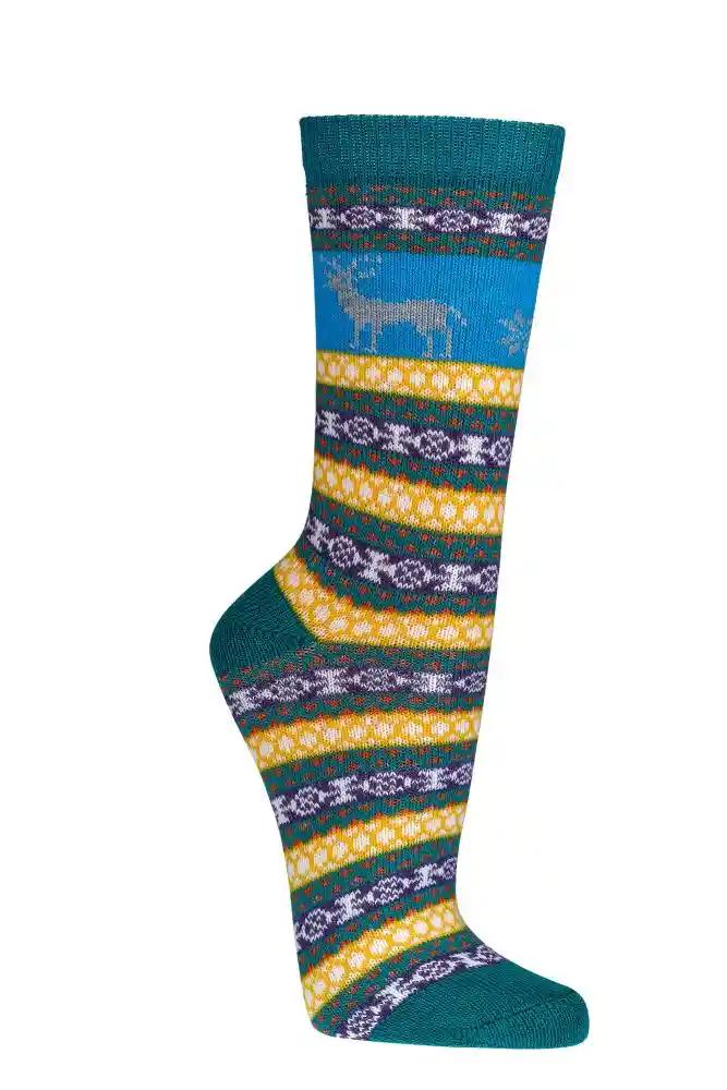 3 oder 6 Paar bunte Norweger Socken mit schönem Muster Hygge mit Wolle Elch - Türkisfarbene Wollsocke mit nordischem Muster, Elch-Motiv und horizontalen Streifen in Gelb, Lila und Grün, skandinavisches Design im traditionellen Fair-Isle-Stil