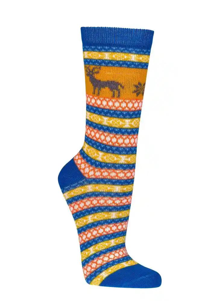 Bunte Norweger Socken Hygge mit traditionellem Elchmuster, gestreift in Blau, Gelb und Orange, warme Wollsocken mit nordischem Design, Teil der 3 oder 6 Paar Kollektion