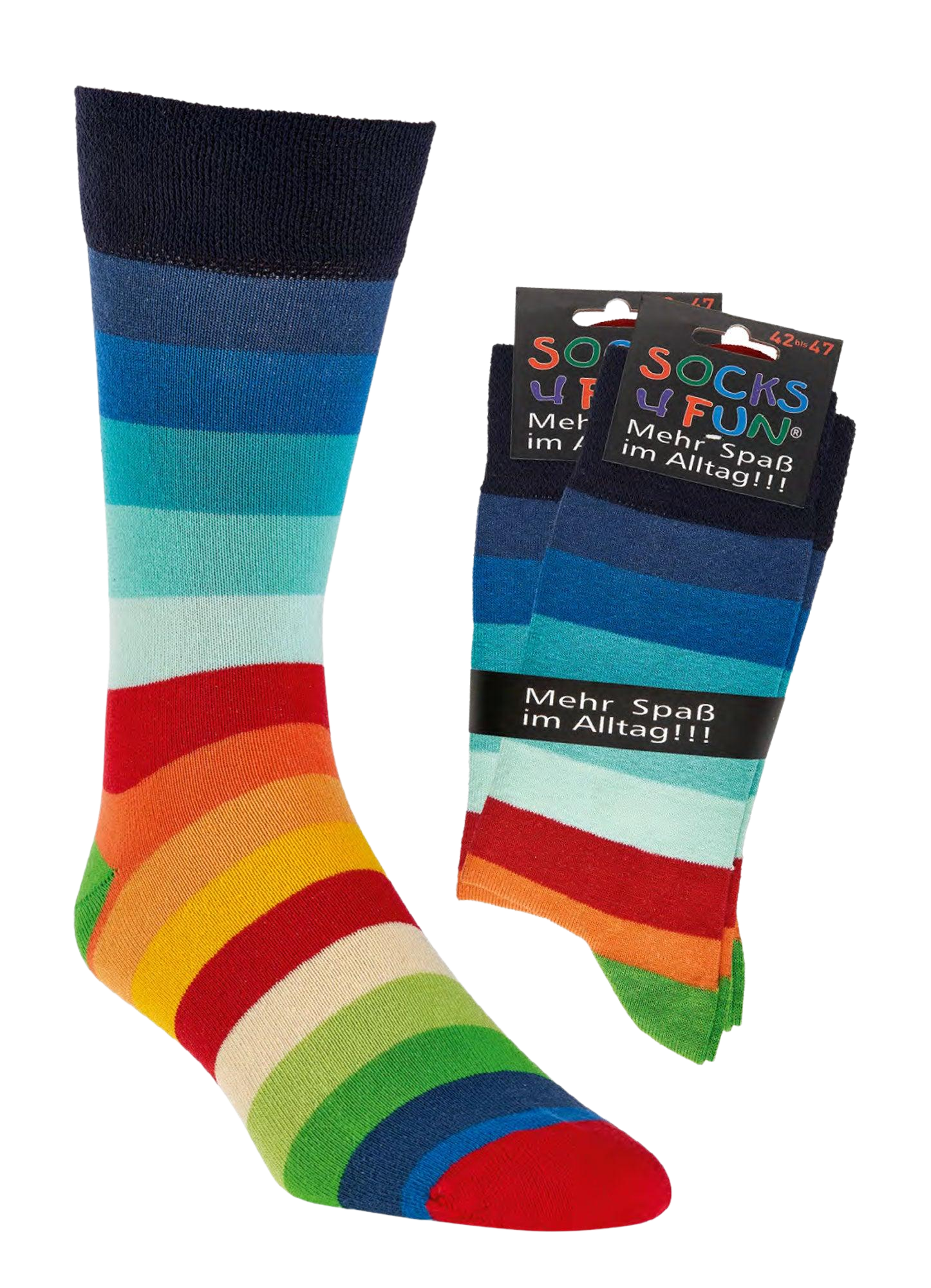 Das Bild zeigt die Regenbogensocken im kompletten in leuchtend krellen Farben und im Bündel. Die Socken sind bestens für alle geeignet die es bunt mögen.