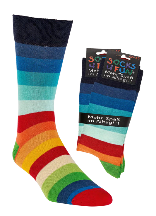 Das Bild zeigt die Regenbogensocken im kompletten in leuchtend krellen Farben und im Bündel. Die Socken sind bestens für alle geeignet die es bunt mögen.