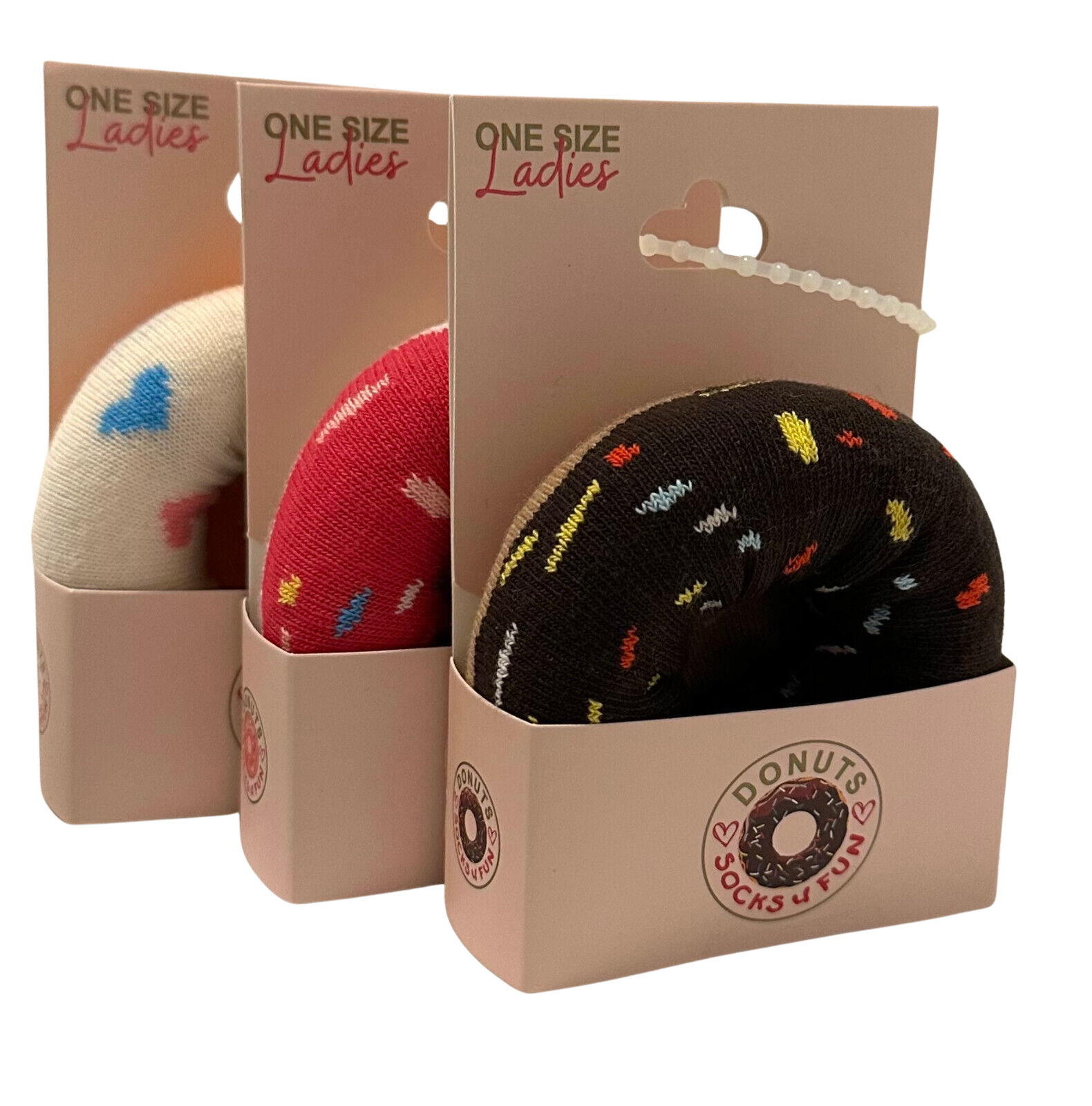 3 Paar bunte Damensocken Teenagersocken im Donutdesign in Einzelverpackungen, präsentiert in rosa Kartons mit Donut-Logo, erhältlich in den Farben Schwarz, Rot und Beige mit bunten Mustern