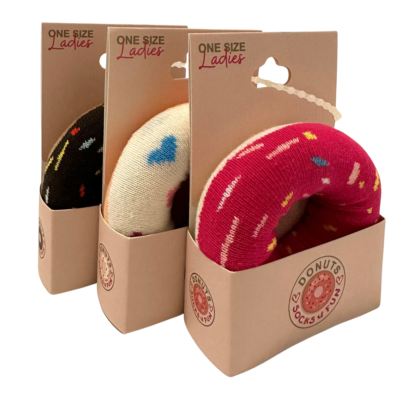 3 Paar bunte Damensocken Teenagersocken im Donutdesign in Verkaufsverpackung, schwarze, beige und rote Socken mit niedlichem Donutmuster in Einzelboxen präsentiert, One Size Ladies Kollektion