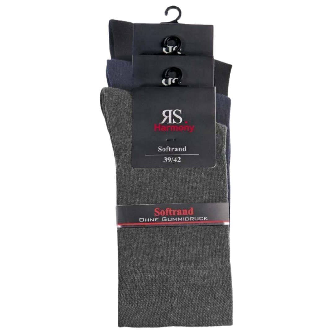 RS Harmony Herrensocken in 3 verschiedenen Farben schwarz blau grau mit Softrand – Baumwolle, verstärkte Ferse und Spitze