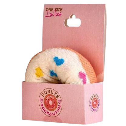 bunte Damensocken Teenagersocken Mädchen socken im Donutdesign in rosa Verpackung mit bunten Herzmuster, weiche Baumwollsocken mit Komfortbund und Donut-Logo auf der Verpackung