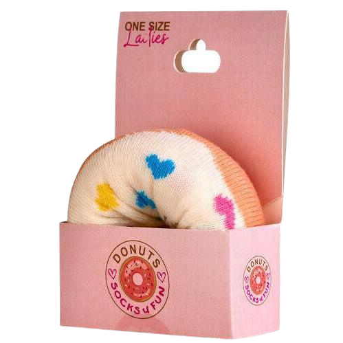 bunte Damensocken Teenagersocken Mädchen socken im Donutdesign in rosa Verpackung mit bunten Herzmuster, weiche Baumwollsocken mit Komfortbund und Donut-Logo auf der Verpackung