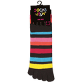 Das Bild zeigt die Zehensocke in den Farben des Regenbogens im ganzen mit Etikett das Material ist dünn ausgebildet und perfekt für den Sommer.