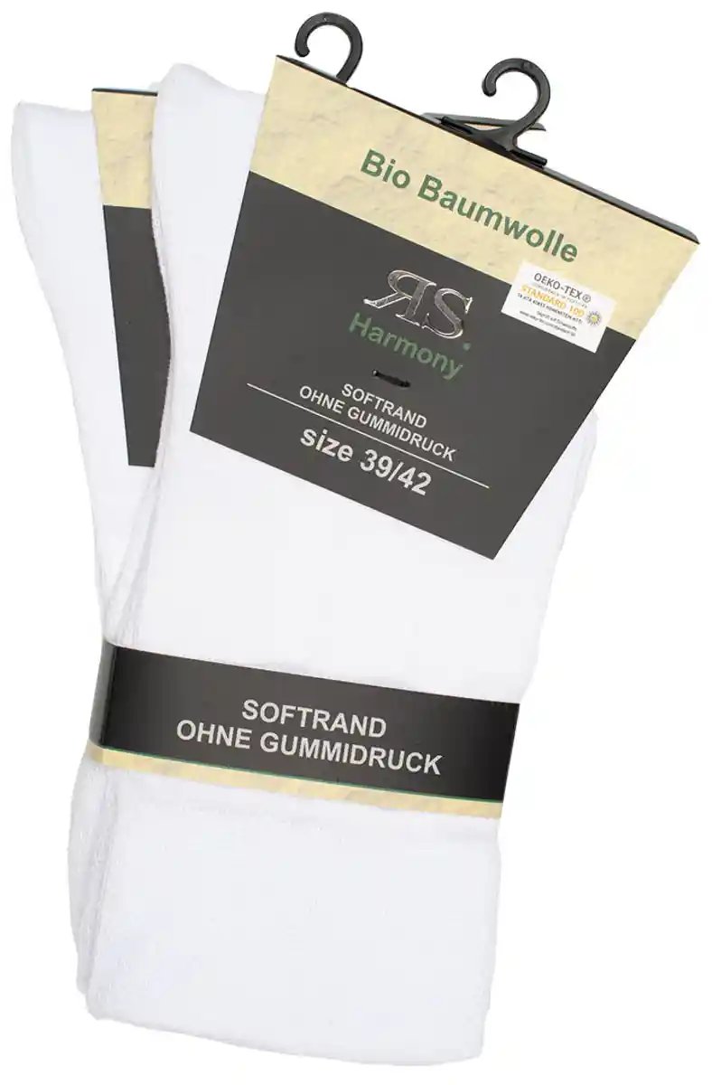 2-10 Paar Bio Baumwolle Socken ohne Gummidruck, weisse Softrand-Socken in Größe 39/42, Verpackung mit Harmony-Logo für Damen und Herren, aus 98% zertifizierter Biobaumwolle