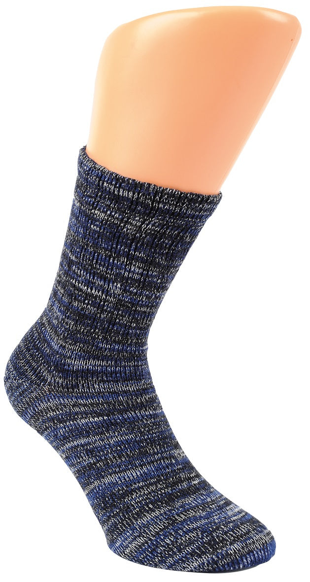 2 oder 4 Paar warme Herbst Winter Bambus Viskose Socken Unisex: Melierte Socke in Blautönen aus Bambusviskose mit Komfortbund und flacher Zehennaht, einzeln auf Beinmodell präsentiert