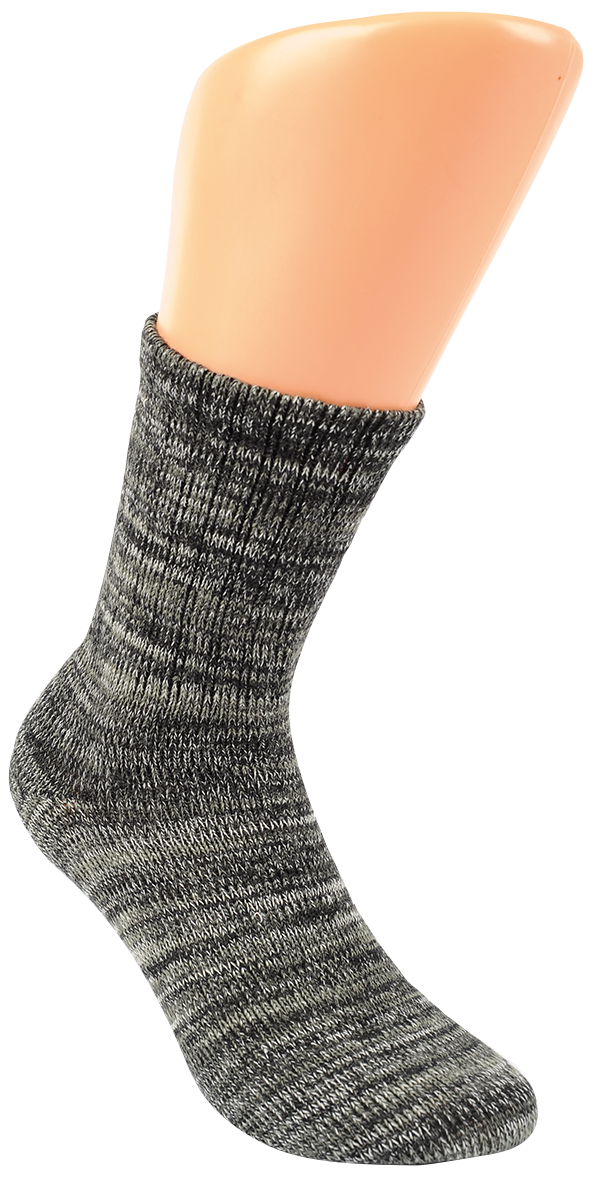 Warme Herbst Winter Bambus Viskose Socken Unisex in meliertem Grau auf Beinmodell, komfortable Passform mit Komfortbund und flacher Zehennaht, hergestellt aus weichem Bambus-Viskose-Mix