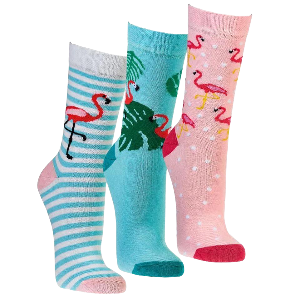 Das bild zeigt die Flamingosocken im 3er Bündel in den 3 unterschiedlichen Varianten.