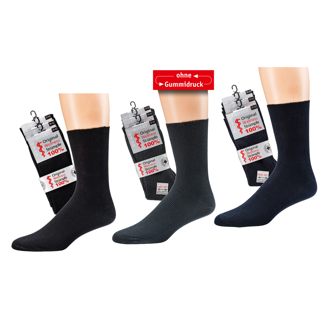 3|6 Paar Baumwollsocken ohne Gummidruck - Schwarze und marine Komfortsocken aus 100% Baumwolle mit weicher Naht, verpackt in 3er Sets, perfekt für empfindliche Füße in verschiedenen Größen