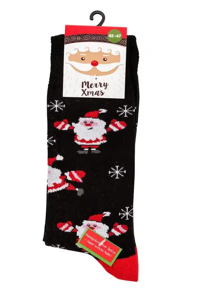 Zeigt die Socke mit lustig gestalteten Wehnachtsmännern bedruckt.