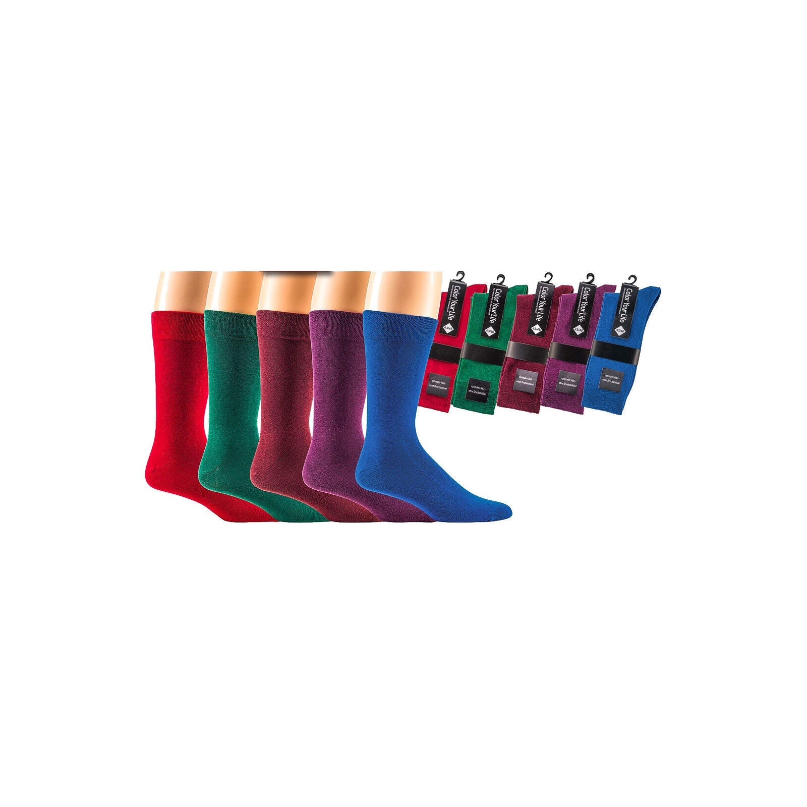 Bunte Socken für Herren in rot, tanne, bordeaux, lila und blau.