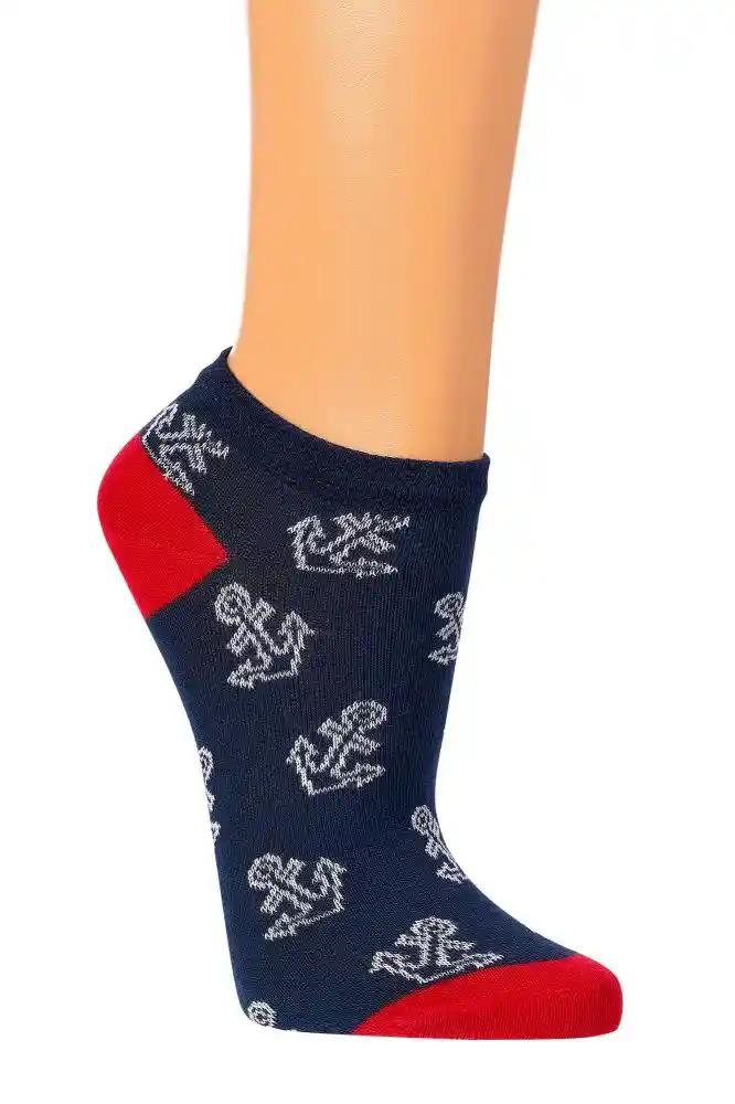 3 oder 6 Paar Bio Sneaker Socken maritim: Navyblaue Kurzschaft-Socke aus Biobaumwolle mit weißen Anker-Mustern, roter Ferse und Zehenkappe, ideal für Sneaker im maritimen Design