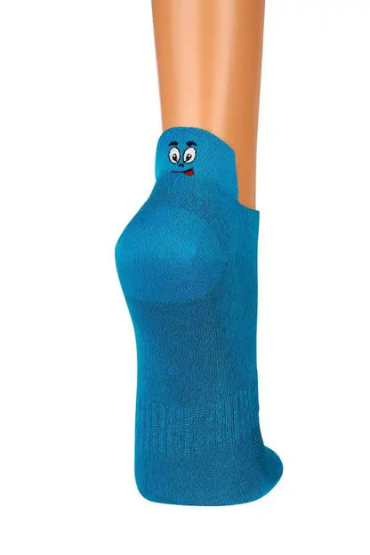 3 Paar Sneaker Socken mit hochgezogener Ferse - Türkisblaue Sneakersocke mit lustigem Smiley-Gesicht auf der Ferse, atmungsaktives Netzgewebe und ergonomische Passform für optimalen Komfort