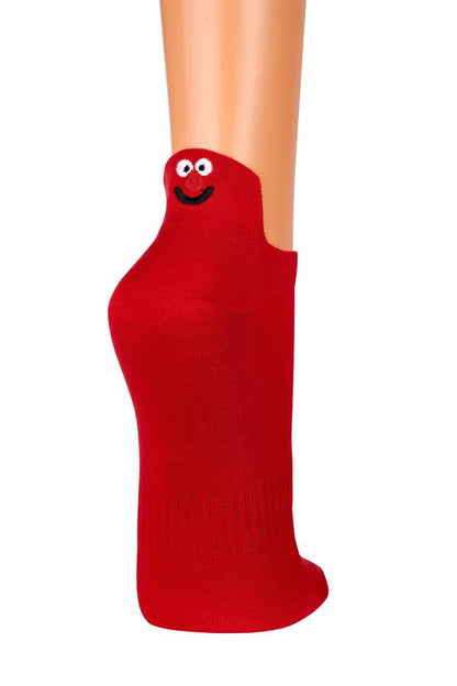 3 Paar Sneaker Socken mit hochgezogener Ferse und Stickerei - rote Baumwollsocke mit lustigem Smiley-Design an der Ferse, atmungsaktiver Netzstrick und komfortable Passform