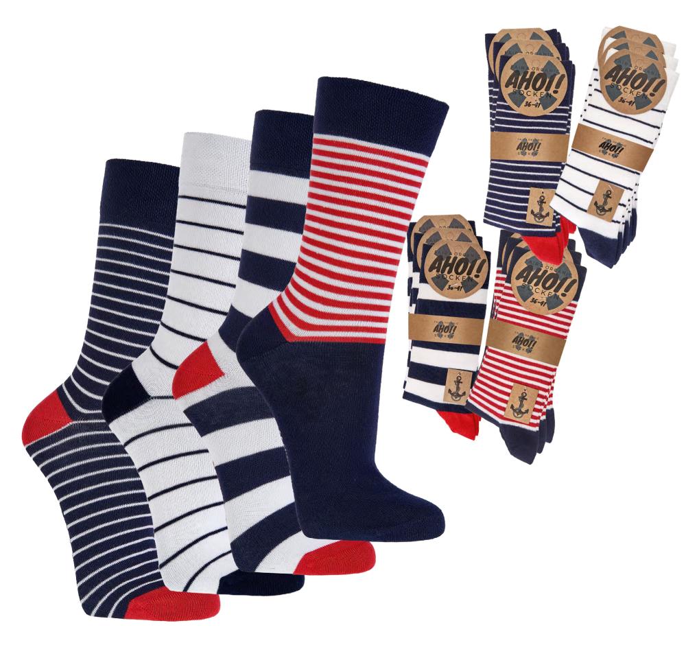 3 oder 6 Paar Biosocken mit 98% Biobaumwolle maritim Unisex in verschiedenen Streifenmustern und Anker-Designs, Navy-Blau, Weiß und Rot, verpackt in umweltfreundlicher Banderole mit maritimem Design