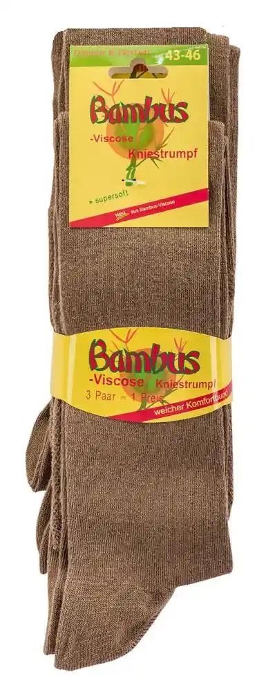 6 Paar Bambus Viskose Socken Lang - Bambus Kniestrumpfe in braun, Verpackung zeigt Bambus-Logo auf gelbem Grund, supersoft Qualitat fur Grosse 35-46