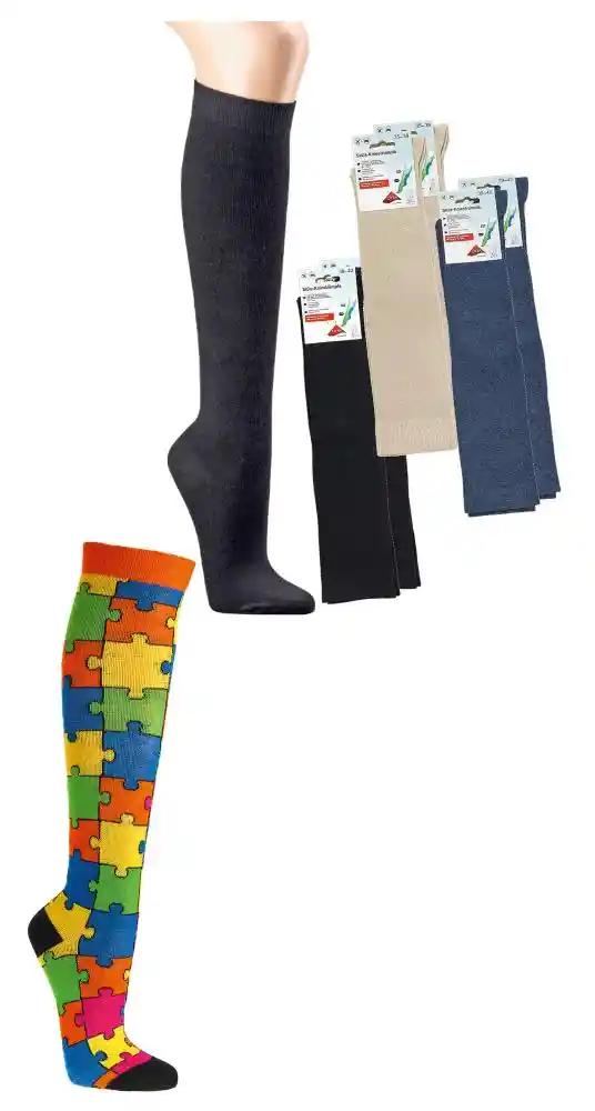 Lycra Kompressionssocken Reisestrümpfe in verschiedenen Farben, klassisch schwarz, beige und blau, sowie ein buntes Puzzle-Muster Design, perfekt für Sport und Reisen