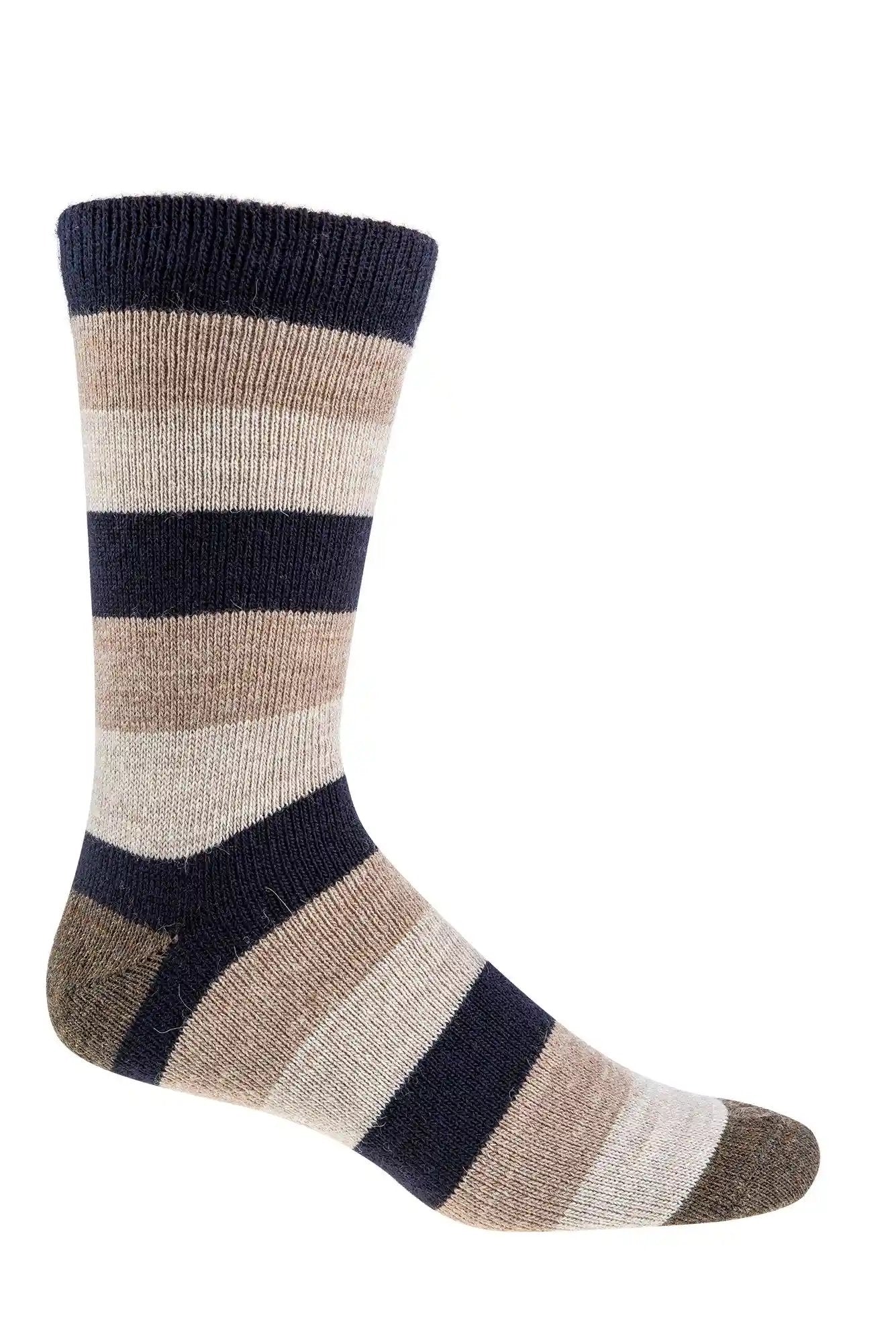 3 oder 6 Paar warme Wollsocken mit Alpaka und Schafwolle in gestreiftem Design aus Naturfarben, mit breiten Streifen in Marine, Beige und Hellgrau, komfortabel und warm für den Alltag