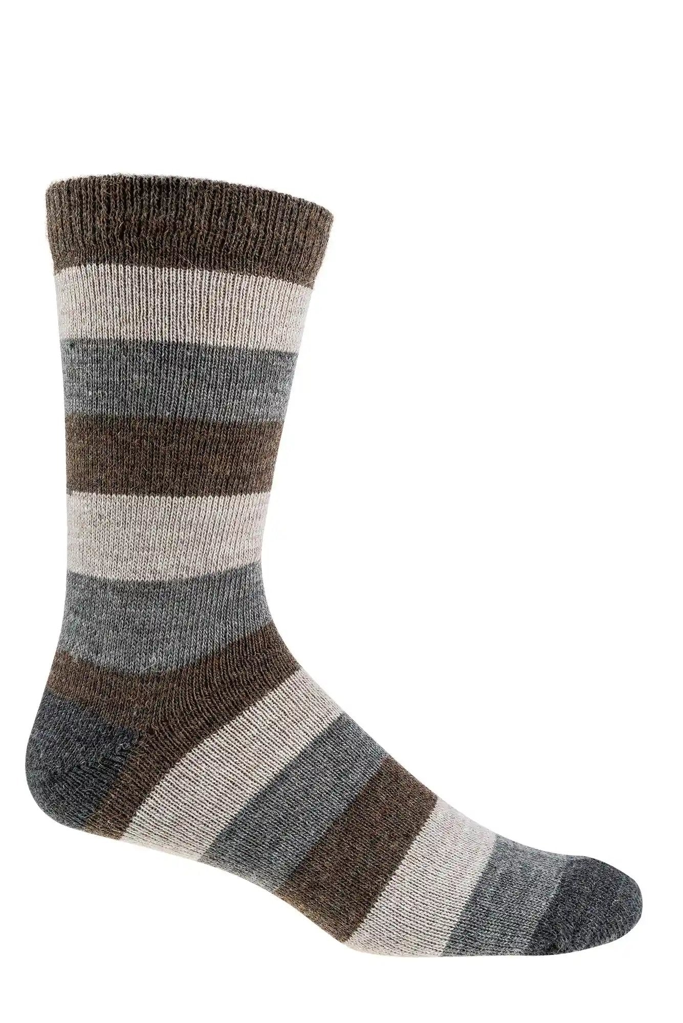 3 oder 6 Paar warme Wollsocken mit Alpaka und Schafwolle gestreifte Naturfarben: Gestreifte Socke in Naturtoenen Grau, Braun und Beige, mit breiten horizontalen Streifen, hergestellt aus warmem Wollmix mit Alpaka- und Schafwolle