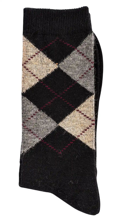 3 oder 6 Paar Karo Socken mit Alpaka Wolle für Damen und Herren: Klassische Karomuster-Socke in Schwarz, Beige und Grau mit weinroten Akzenten, hergestellt aus hochwertiger Alpakawolle-Mischung, nahtlos verarbeitet