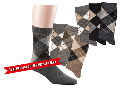 3 oder 6 Paar Karo Socken mit Alpaka Wolle, hochwertige Socken im klassischen Argyle-Muster in Grau, Schwarz und Braun, handgekettelt und nahtlos für optimalen Tragekomfort, mit 10% Alpakawolle für wärmende Eigenschaften