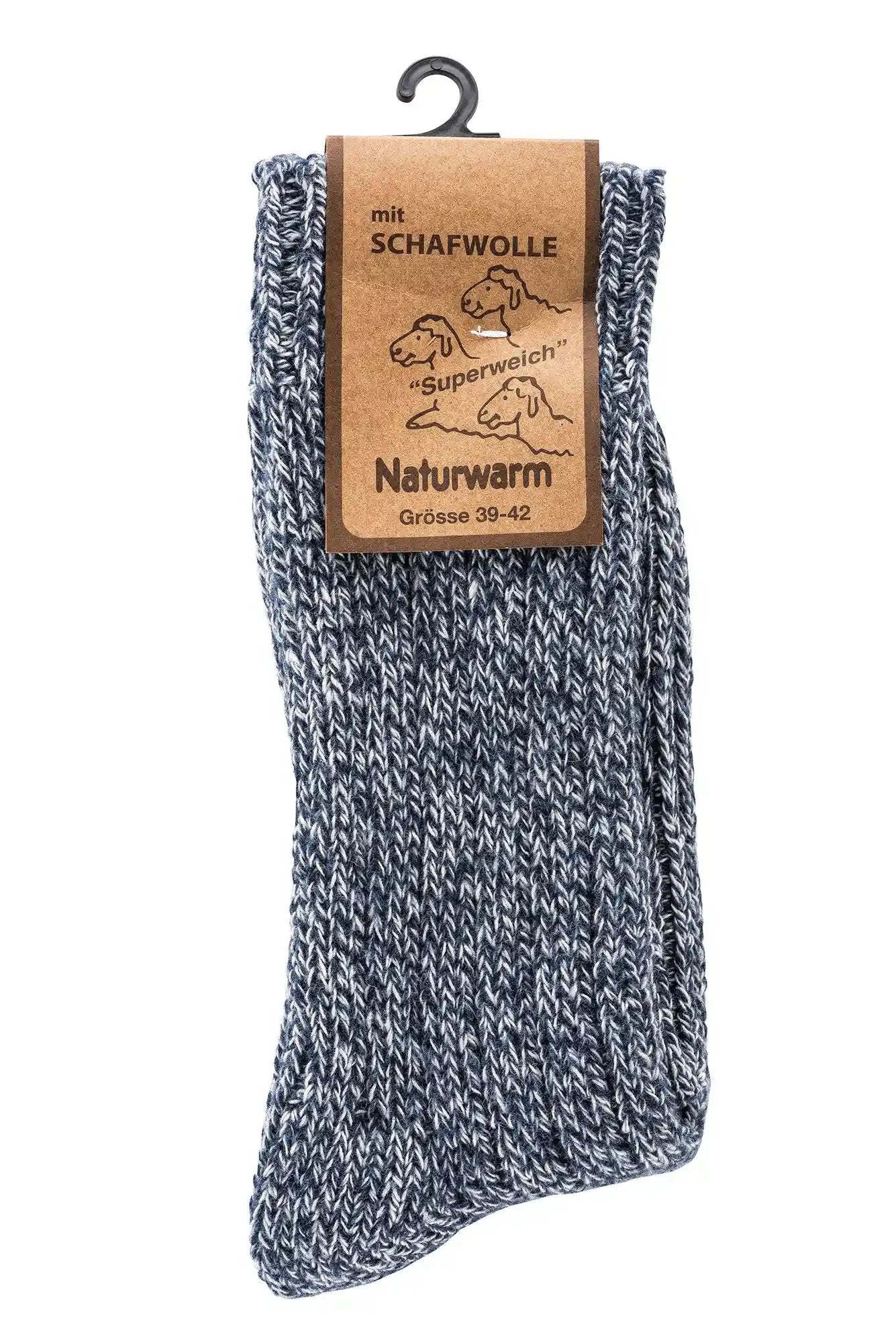 Warme weiche Norweger Socken mit Schafwolle, grau-weiss meliert, naturwarm mit Etikett am Kleiderbugel, Grosse 39-42, aus der 3 oder 6 Paar Kollektion