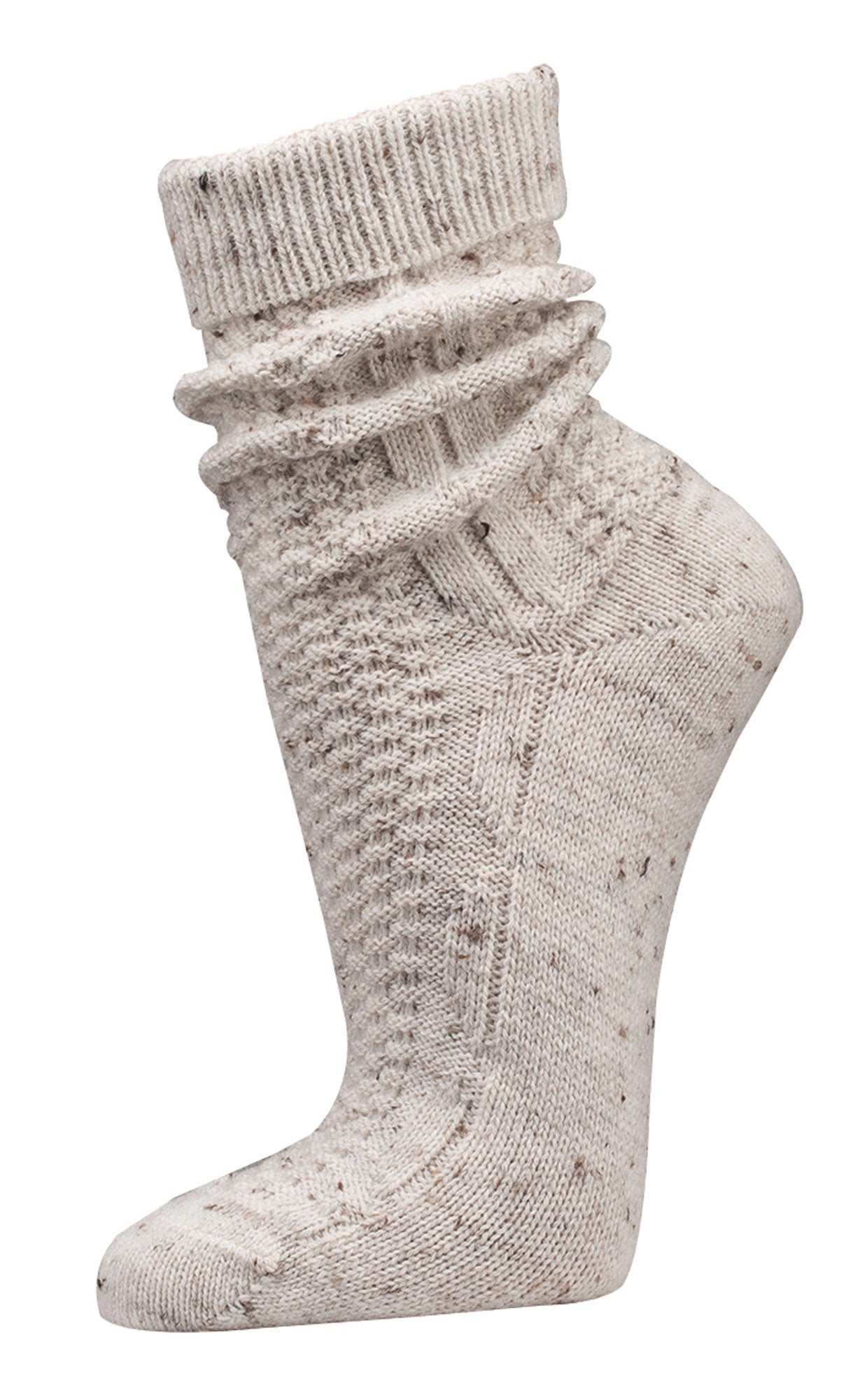 2 Paar Trachtensocken mit Wolle Zopfmuster in beige, traditionelles Strickmuster mit extra langem Schaft, gefaltete Optik und Tweedoptik aus Wollmischung für Damen und Herren