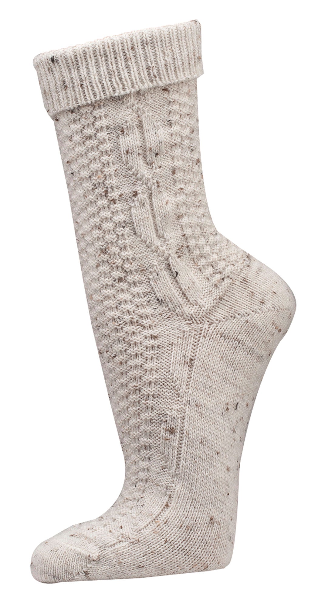 2 Paar Trachtensocken mit Wolle Zopfmuster: Beige Landhaussocken mit traditionellem Strickmuster, umschlagbarem Schaft und Tweedoptik aus Wollmischung für Damen und Herren, perfekt für Trachtenmode