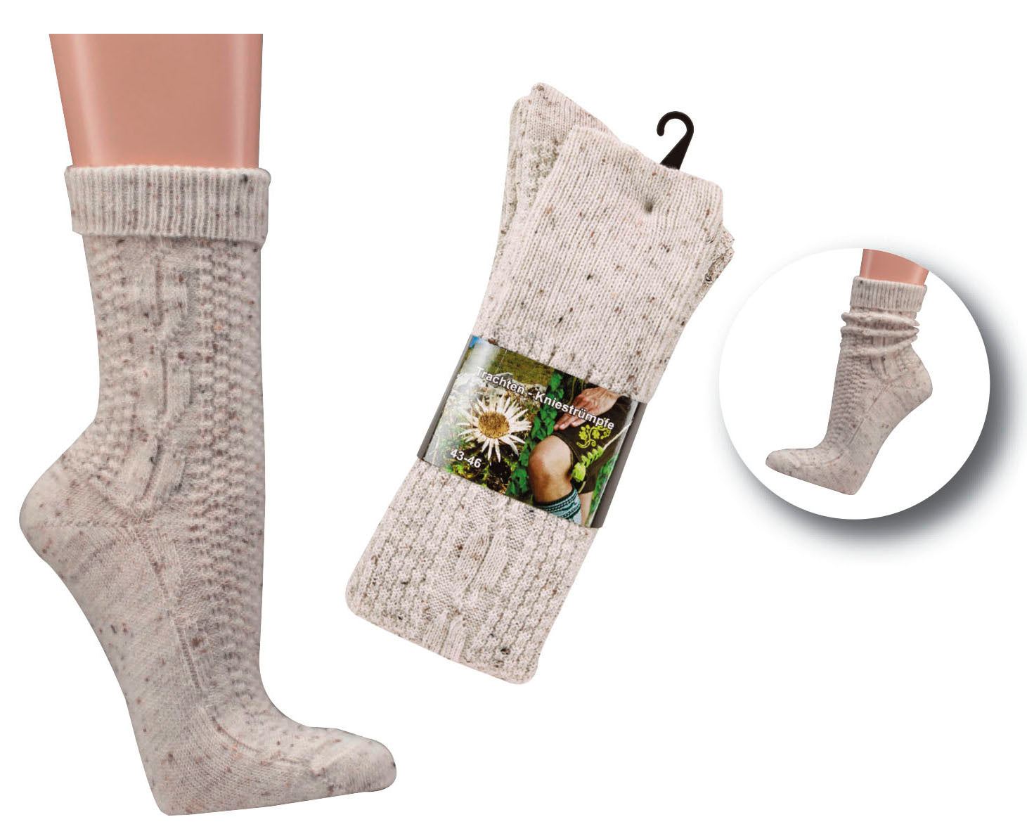 2 Paar Trachtensocken mit Wolle Zopfmuster Landhaussocken für Damen Herren beige, traditionelle Socken aus Tweedgarn mit extra langem Schaft zum Umschlagen, dekoratives Zopfmuster, in naturbeiger Farbe mit speckigem Effekt, präsentiert in Produktverpackung