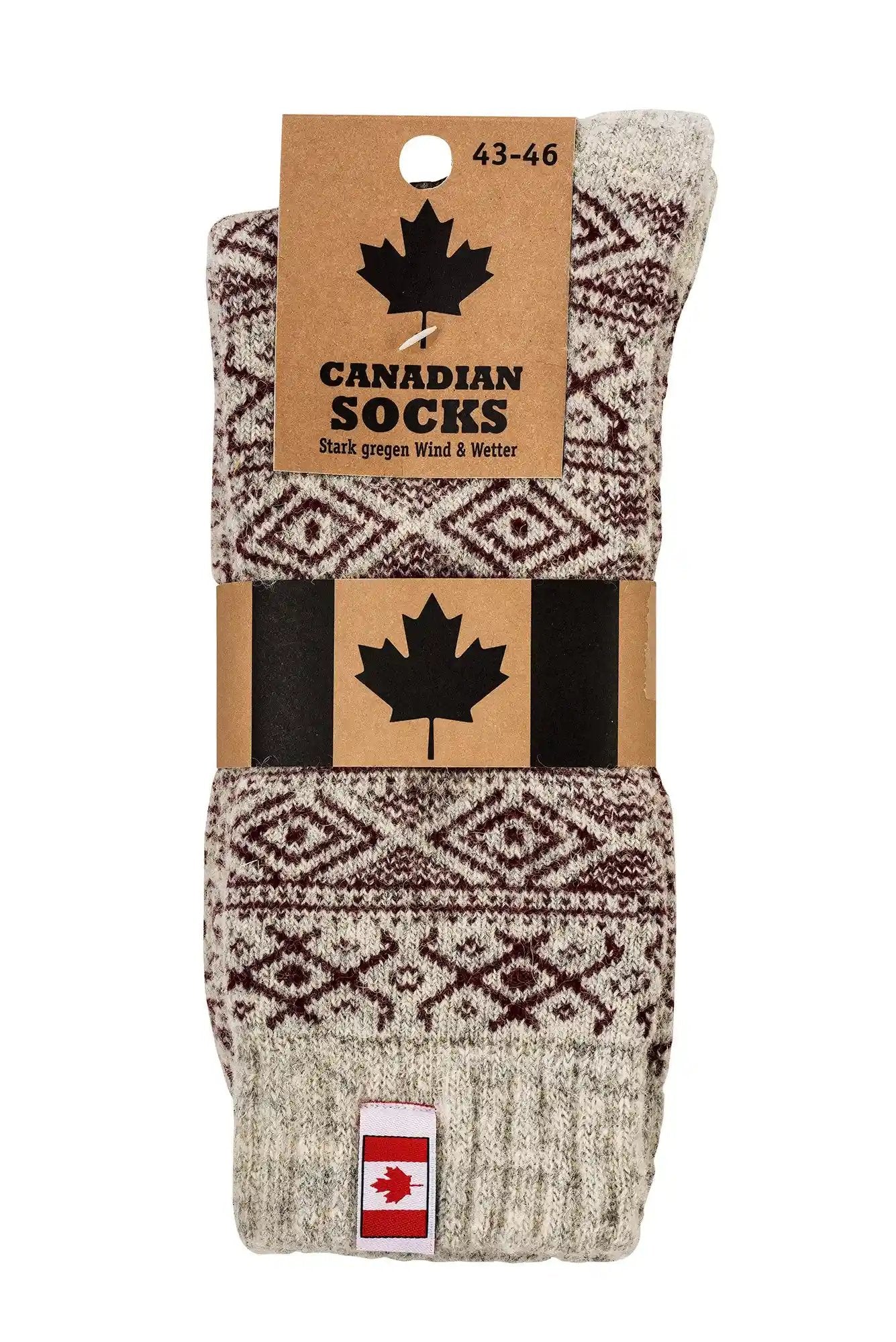 THERMO Norweger Socken mit traditionellem Rautenmuster in Grau-Braun, Canadian Socks Etikett und Ahornblatt-Logo, Groesse 43-46, perfekt fuer kalte Wintertage