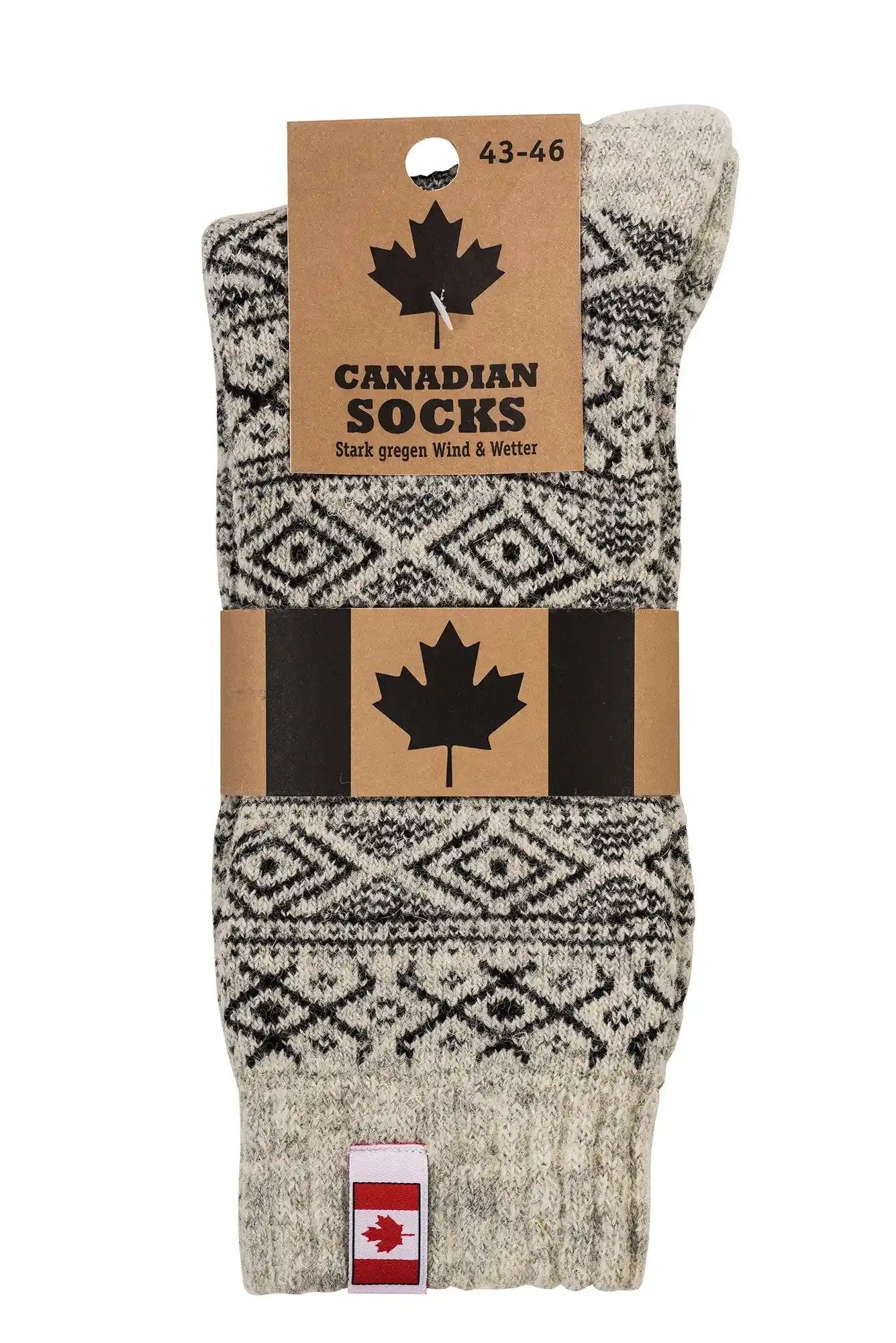 THERMO Norweger Socken Wollsocken mit traditionellem schwarz-grauem Norwegermuster, Canadian Socks Verpackung mit Ahornblatt-Logo, warme Winterstrumpfe in Grosse 43-46