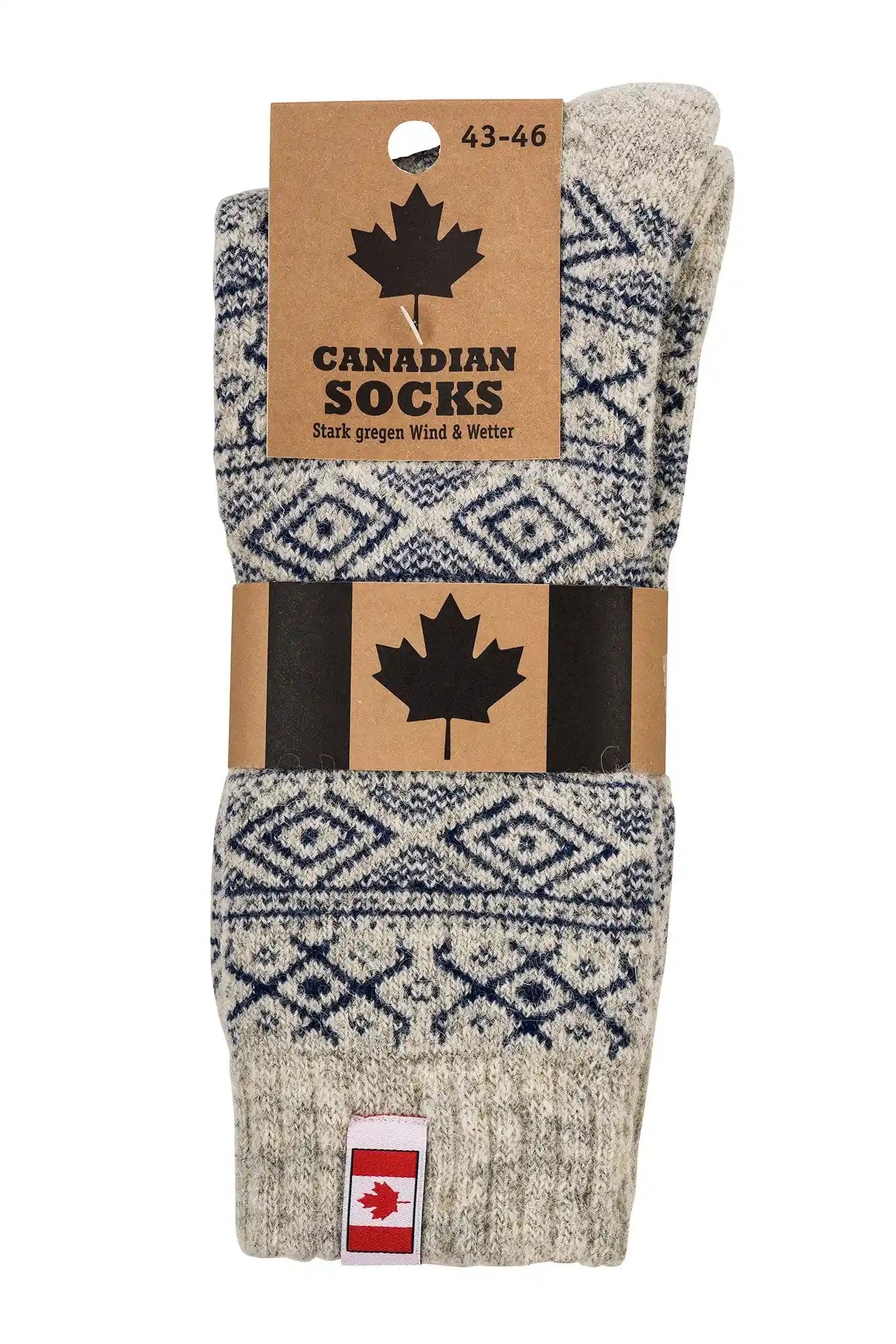 THERMO Norweger Socken mit traditionellem grau-blauem Norwegermuster, Canadian Socks Verpackung und Ahornblatt-Logo, warme Wollsocken für Damen, Herren und Kinder in Größe 43-46