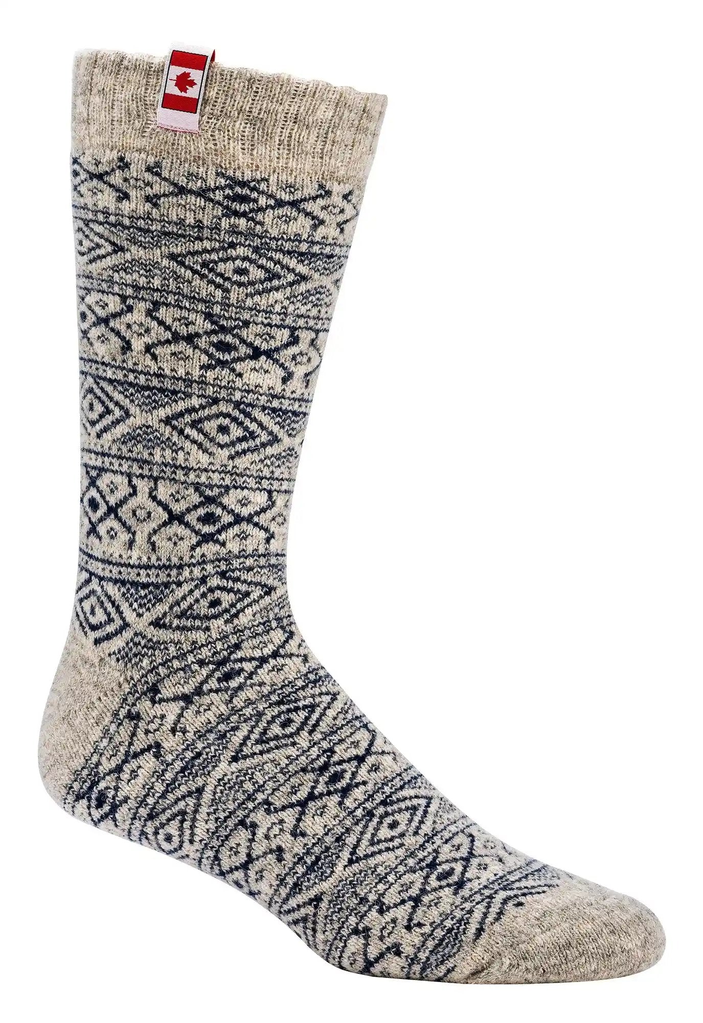 THERMO Norweger Socken Wollsocken in grau mit traditionellem norwegischen Muster, kanadischer Flagge und hohem Wollanteil, perfekt für kalte Wintertage