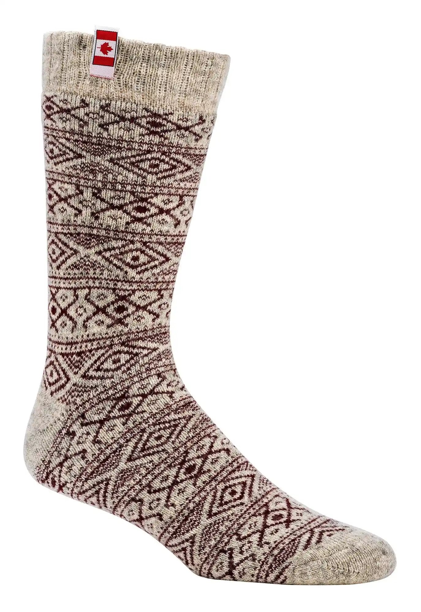 THERMO Norweger Socken Wollsocken mit traditionellem kanadischen Norweger-Muster in Grau-Braun, mit kleiner Kanadaflagge, perfekt für kalte Wintertage