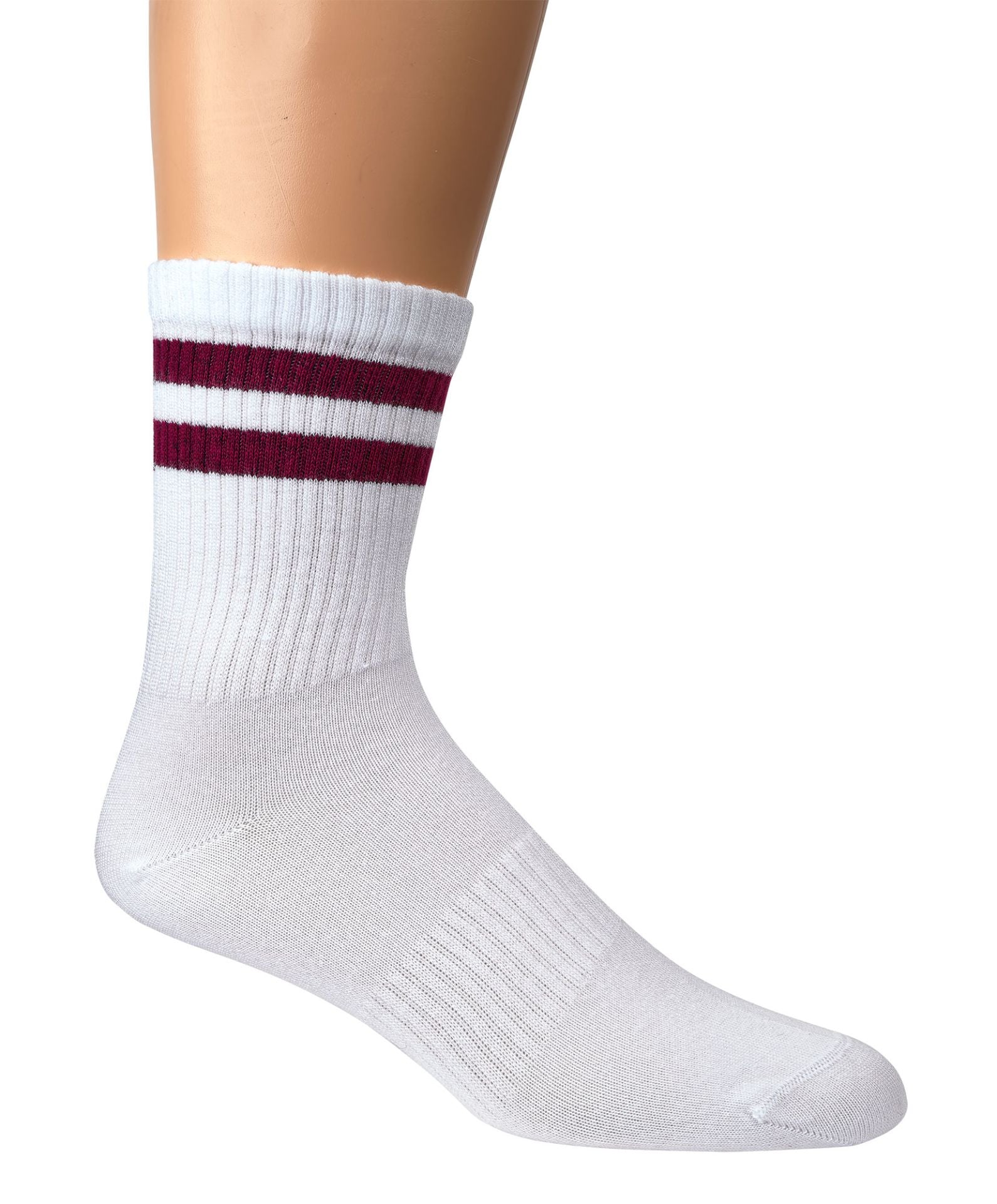 Weiße Bambus Crew Socks mit bordeauxfarbenen Doppelringeln, atmungsaktiv und weich