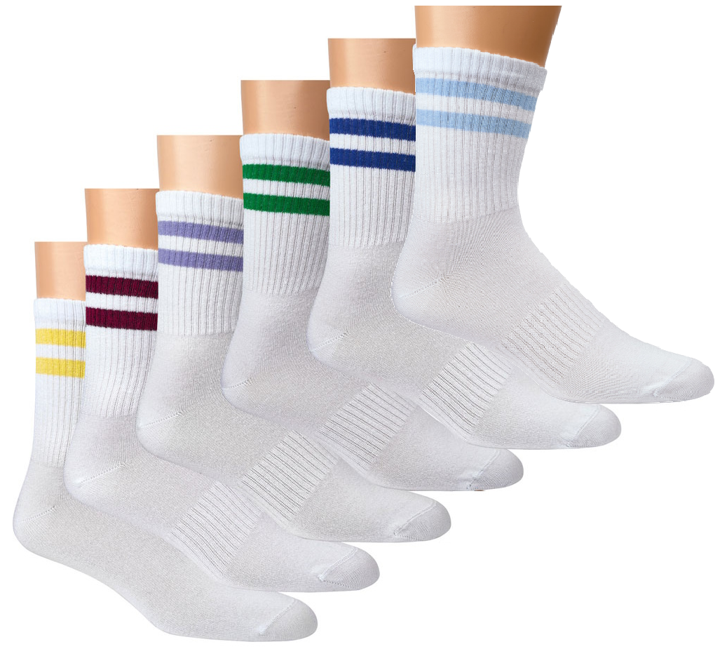  Farbauswahl der weißen Bambus Crew Socks mit bunten Doppelringeln, sechs Varianten nebeneinander 