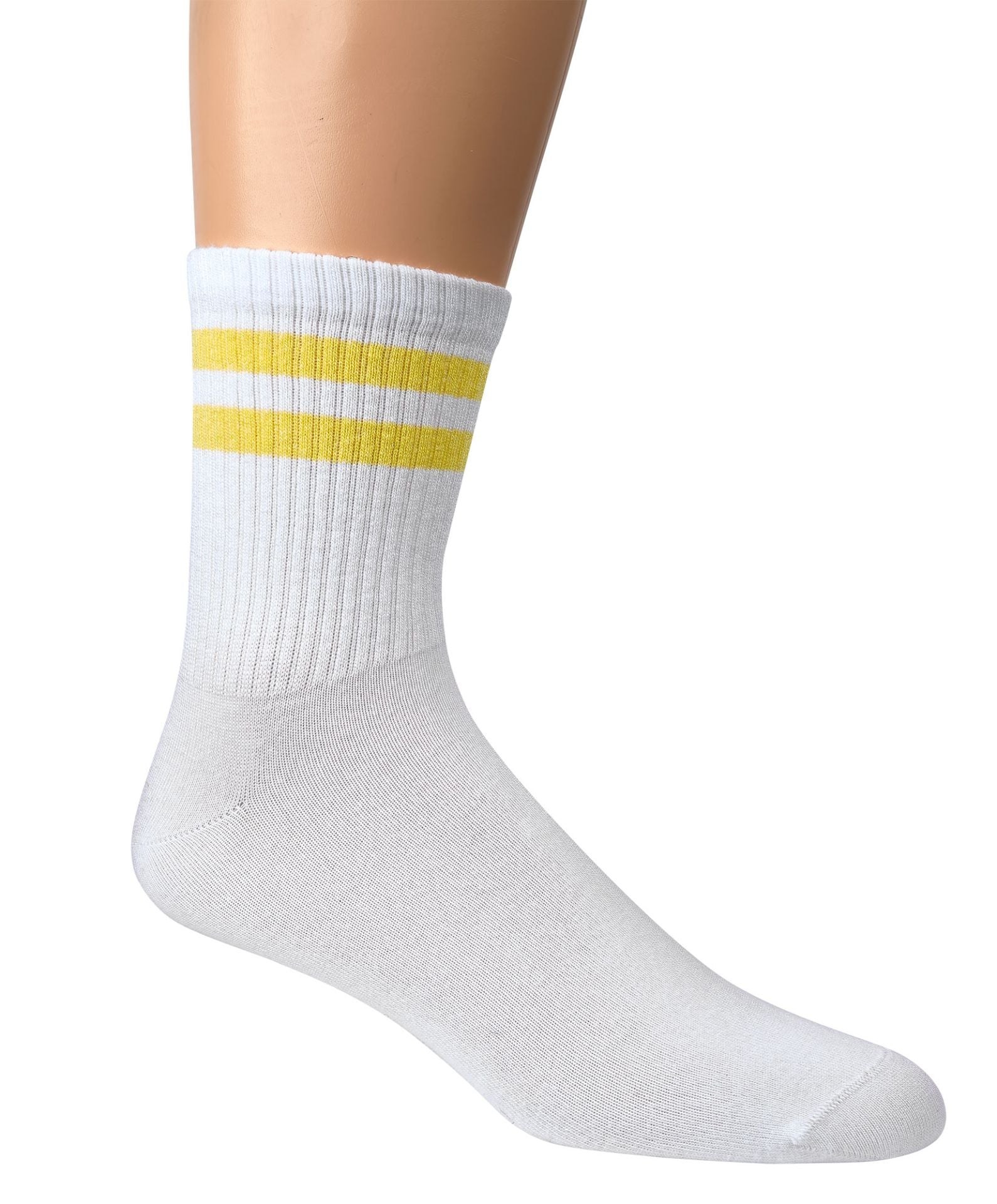 Weiße Bambus Crew Socks mit gelben Doppelringeln, Seitenansicht am Leisten