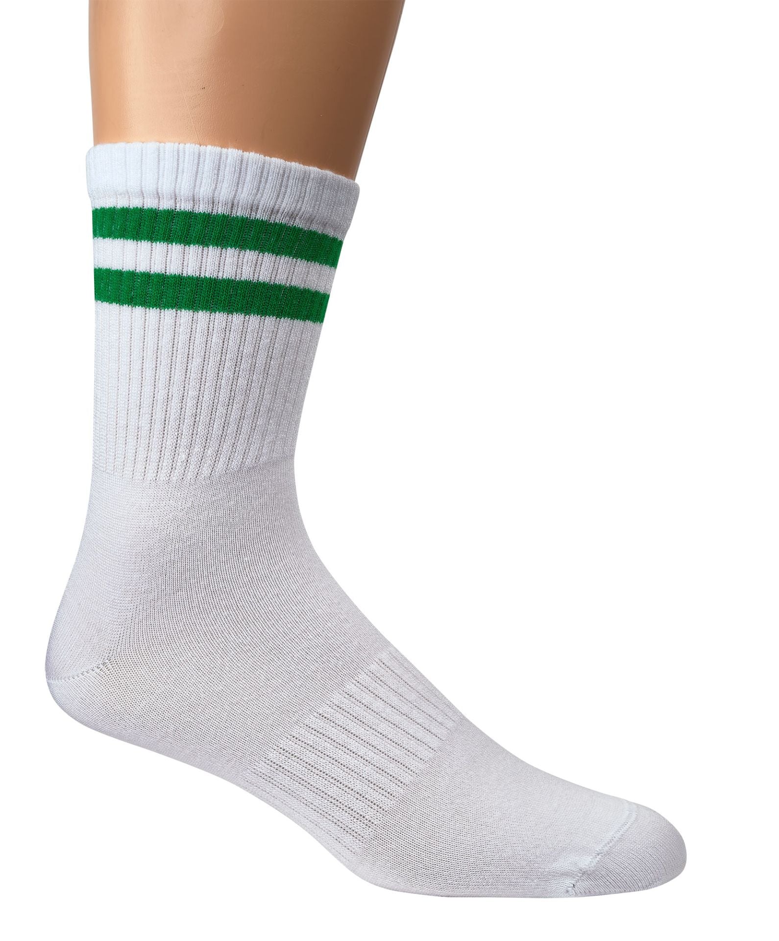 Weiße Bambus Crew Socks mit grünen Doppelringeln, verstärkte Ferse und Spitze