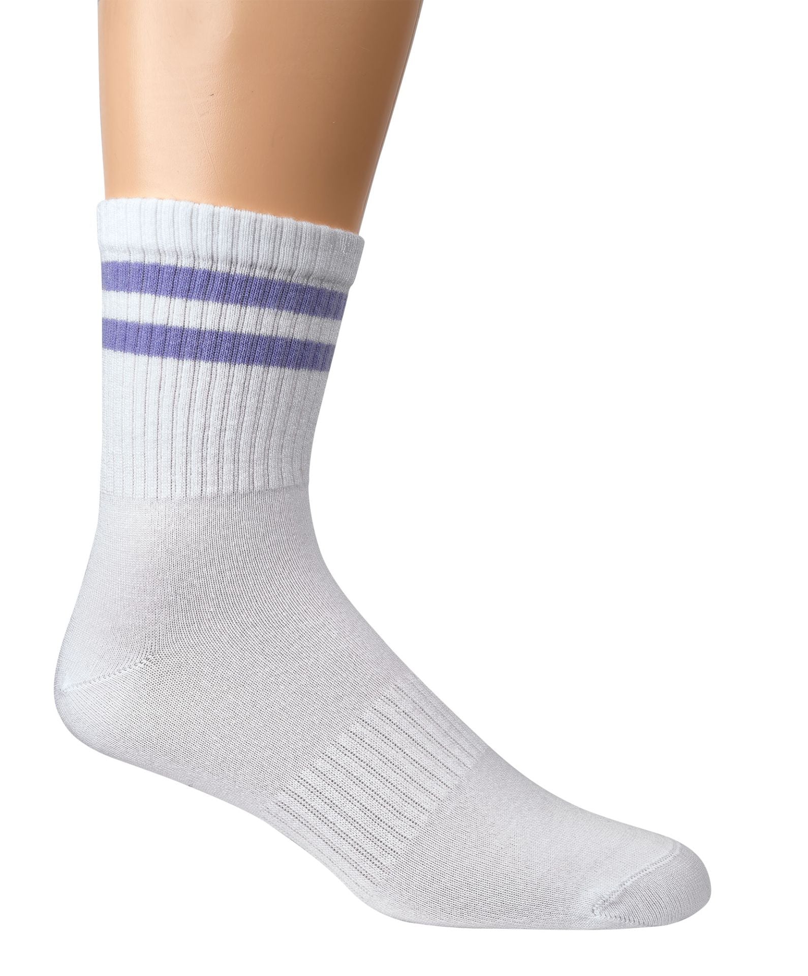 Weiße Bambus Crew Socks mit lila Doppelringeln, Rippenstrick am Mittelfuß