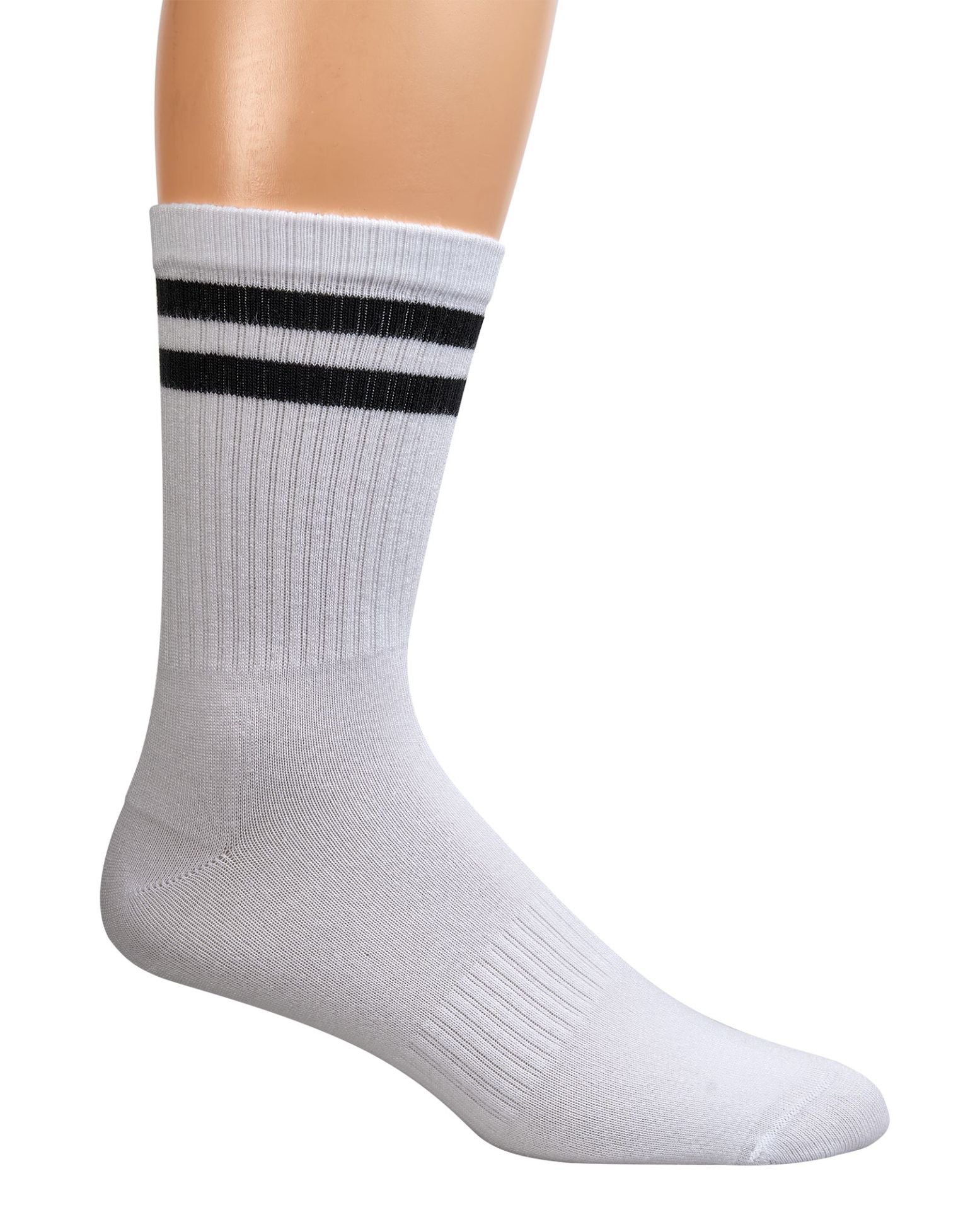 Weiße Bambus Crew Socks mit schwarzen Doppelringeln im Bund, Seitenansicht