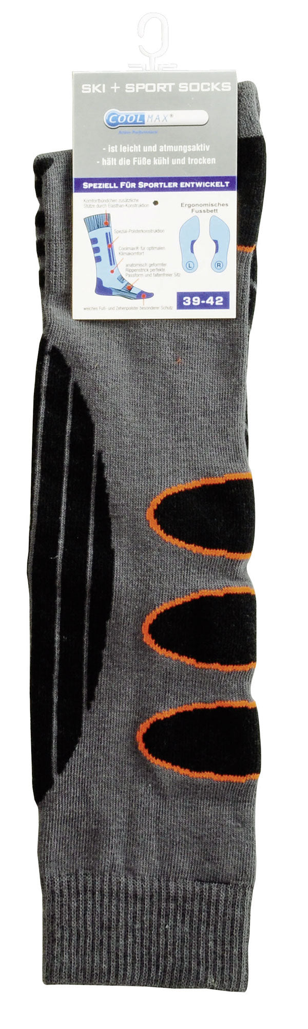 Coolmax Skisocken in grau mit orangenen Details, Produktverpackung zeigt technische Merkmale und Groesse 39-42, speziell fuer Sportler entwickelte Thermosocken mit anatomischer Passform