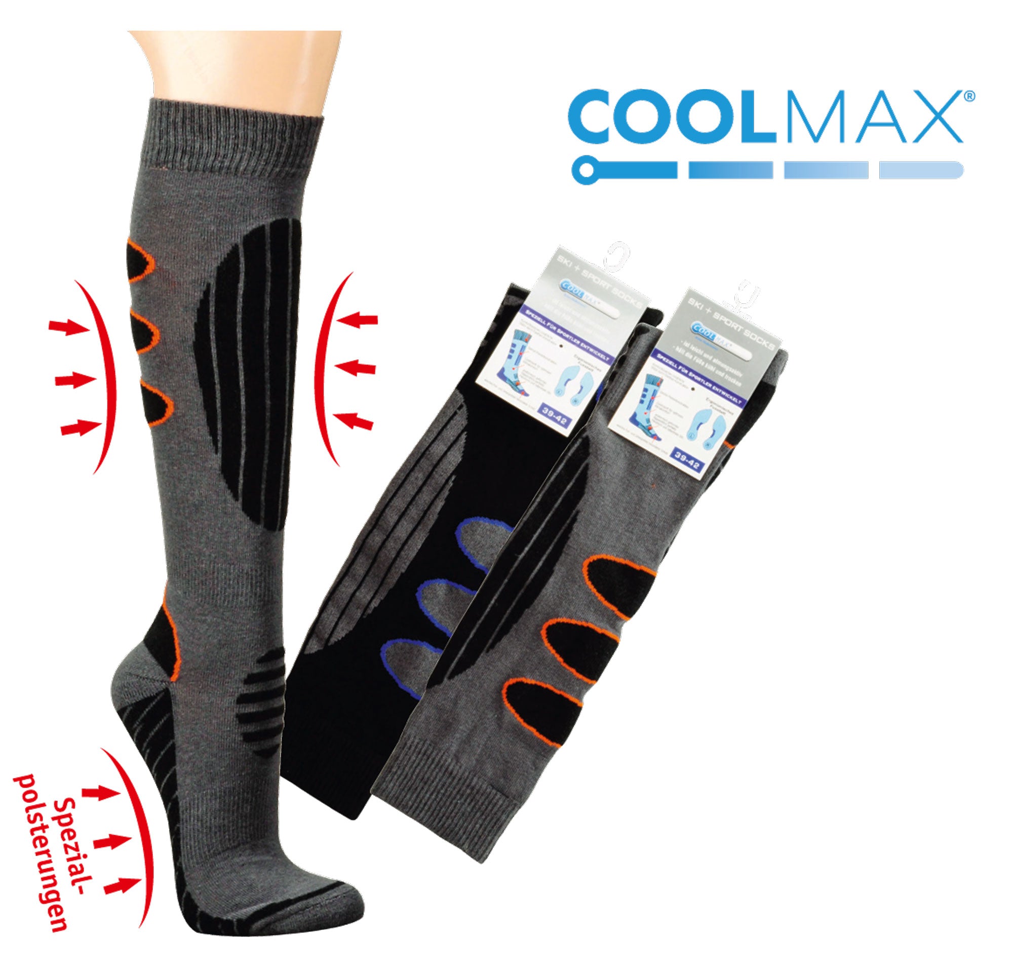 Coolmax Skisocken in grau und schwarz mit ergonomischer Polsterung, thermischen Eigenschaften und Kompressionsstreifen, ideal für Ski und Snowboard, mit Links-Rechts-Markierung